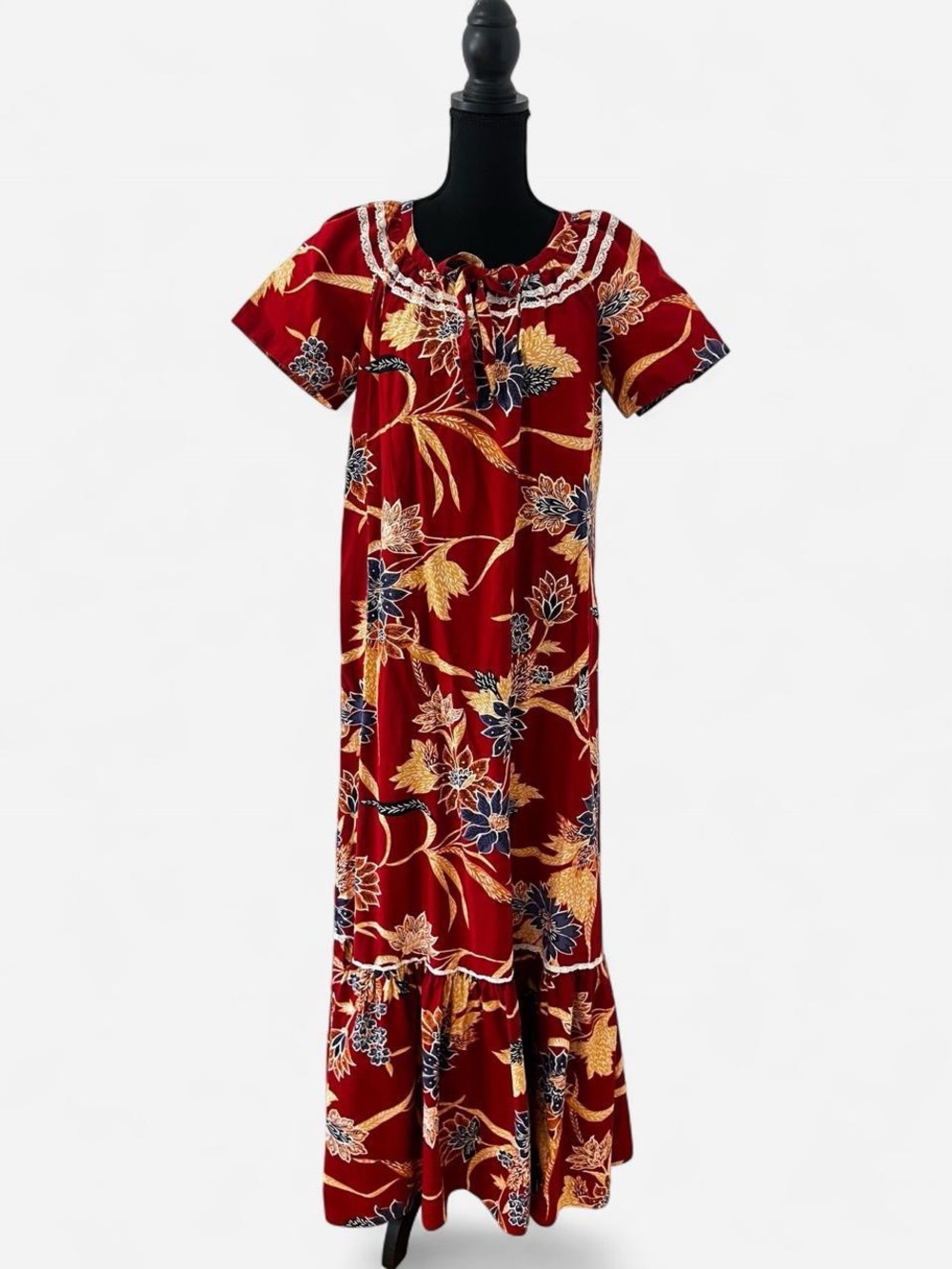 Vintage Holo Holo Hawaiian Dress Maxi Lace Trim Floral Resortwear Vacation Beach